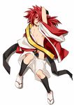  androgynous blush deyezi full_body highres hisame_shizumaru japanese_clothes male_focus nipples ponytail red_eyes red_hair samurai_spirits tabi 