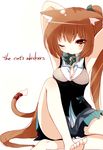  adjusting_hair animal_ear_fluff animal_ears armpits arms_up barefoot bow breasts cat_ears cat_tail duplicate highres long_hair medium_breasts mouth_hold naomi_(sekai_no_hate_no_kissaten) neko_(naomi) one_eye_closed original pleated_skirt scrunchie sitting skirt solo tail 