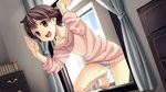  :d barefoot boku_ga_tenshi_ni_natta_wake brown_eyes brown_hair fujimaru_(bluebrand) game_cg hair_ornament hairclip hairpin indoors nakizaki_naruko no_pants open_mouth open_window panties short_hair sleeves_pushed_up smile solo striped striped_panties sweater underwear window 