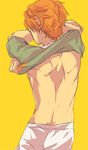  bad_id bad_pixiv_id from_behind male_focus orange_hair sengoku_kiyosumi shiro_(reptil) shirt_lift simple_background solo tennis_no_ouji-sama undressing 