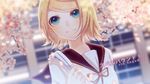  aqua_eyes bad_id bad_pixiv_id blonde_hair cherry_blossoms close-up kagamine_rin school_uniform serafuku short_hair smile solo soriku vocaloid 