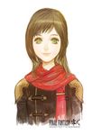  akademeia_uniform brown_hair copyright_name deuce_(fft-0) final_fantasy final_fantasy_type-0 green_eyes j_(onose1213) logo long_hair red_scarf scarf simple_background smile solo upper_body white_background 