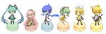  4girls \m/ ahoge bad_id bad_pixiv_id blonde_hair blue_eyes blue_hair blue_scarf blush boots chibi detached_sleeves food garters goggles goggles_on_head green_eyes green_hair gumi hair_ornament hairclip hatsune_miku headset instrument kagamine_len kagamine_rin kaito keytar long_hair macaron megurine_luka multiple_boys multiple_girls necktie neji_maki pink_hair scarf seiza sitting skirt thigh_boots thighhighs twintails very_long_hair vocaloid 