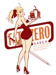  absurdres ahoge artoria_pendragon_(all) aszx4000 blonde_hair caliburn casual_one-piece_swimsuit dress english fate/zero fate_(series) food french_fries hamburger high_heels highres one-piece_swimsuit ponytail saber shoes solo swimsuit sword waitress weapon 