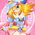  bad_id bad_pixiv_id bare_shoulders blonde_hair blush blush_stickers boots breasts choker cleavage dark_magician_girl detached_sleeves duel_monster green_eyes hat hexagram magic_circle medium_breasts minmin-zemi_(lover_paradox) one_eye_closed pentacle pink_background smile solo staff wand wizard_hat yuu-gi-ou yuu-gi-ou_duel_monsters 