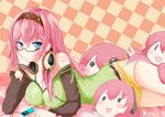  bad_id bad_pixiv_id beniyosweet009 bespectacled blue_eyes blush casual digital_media_player glasses hairband headphones headphones_around_neck long_hair looking_at_viewer lying megurine_luka on_side pink_hair solo takoluka vocaloid 