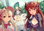  1other 2girls :o androgynous bangs black_gloves black_hat blue_flower blue_rose blue_sky blush bow breasts brown_eyes bush cake cleavage closed_mouth cloud cloudy_sky collared_shirt commentary_request cup day doora_(nijisanji) dragon_horns eyebrows_visible_through_hair flower food gloves green_hair grey_shirt hair_between_eyes hair_bow hand_up hat hat_flower highres horns juliet_sleeves large_breasts light_brown_hair long_hair long_sleeves mini_hat mini_top_hat multiple_girls nijisanji object_hug open_mouth outdoors parted_lips partly_fingerless_gloves pink_flower pink_rose pink_shirt puffy_sleeves purple_bow purple_shirt red_eyes red_hair rose ryuushen shirt short_hair sister_cleaire sky smile striped striped_bow striped_shirt stuffed_animal stuffed_panda stuffed_toy table teacup teapot tilted_headwear top_hat tree v-shaped_eyebrows vertical-striped_shirt vertical_stripes very_long_hair virtual_youtuber yuusa 