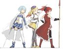  armband bad_id bad_pixiv_id bare_shoulders beret blonde_hair blue_eyes blue_hair boots cape coh drill_hair gloves gun hat magical_girl magical_musket mahou_shoujo_madoka_magica miki_sayaka multiple_girls polearm ponytail red_eyes red_hair sakura_kyouko short_hair simple_background spear sword thighhighs tomoe_mami twin_drills twintails weapon white_background yellow_eyes zettai_ryouiki 