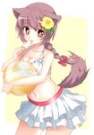  animal_ears bad_id bad_pixiv_id ball beachball bikini braid breasts brown_eyes brown_hair character_request cleavage dog_days flower food frilled_bikini frills hair_flower hair_ornament medium_breasts midriff mobu_(nonoichi) popsicle solo swimsuit tail tail_raised 