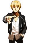  blonde_hair casual doraiga-rei fate/stay_night fate_(series) gilgamesh looking_at_viewer male_focus outstretched_hand pov red_eyes simple_background solo white_background 