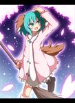  animal_ears broom do_(4-rt) dress green_eyes green_hair kasodani_kyouko long_sleeves open_mouth petals short_hair solo tail touhou 