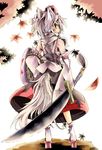  animal_ears bare_shoulders detached_sleeves from_behind geta hat highres huge_weapon inubashiri_momiji leaf looking_back maple_leaf nmknf_(mkn) oekaki shield short_hair silver_hair socks solo sword tail tokin_hat touhou weapon white_background wolf_ears wolf_tail 