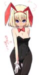  alice_margatroid animal_ears blonde_hair blue_eyes blush bow bowtie breasts bunny_ears bunnysuit cleavage detached_collar embarrassed fake_animal_ears gloves leotard medium_breasts oversized_breast_cup pantyhose shamo_(koumakantv) shy simple_background solo tears touhou translated white_background white_gloves wrist_cuffs 