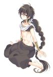  1boy bangle barefoot black_hair bracelet frown jewelry judal long_hair magi_the_labyrinth_of_magic male male_focus midriff navel pa_kiiro ponytail powd red_eyes simple_background sitting smile solo very_long_hair wariza white_background 