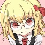 bespectacled face glasses hair_ribbon lowres necktie over-rim_eyewear pink_background red-framed_eyewear ribbon rumia semi-rimless_eyewear shamo_(koumakantv) smile solo touhou 