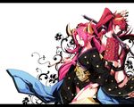  armor belial_(mygrimoire) flower horns japanese_clothes kimono kyousaku long_hair multiple_girls mygrimoire over_shoulder pink_eyes pink_hair pointy_ears red_flower red_hair red_rose rose sin_(mygrimoire) smile sword thigh_strap thighhighs weapon yellow_eyes 