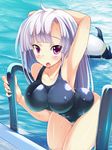  afloat arm_up armpits bird blush breasts covered_nipples fang fingernails highres large_breasts lavender_hair long_fingernails long_hair looking_at_viewer one-piece_swimsuit open_mouth original penguin pink_eyes school_swimsuit skin_tight solo swimsuit torisan very_long_hair water 