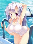  arm_up armpits bird blush breasts fang highres large_breasts lavender_hair long_hair looking_at_viewer one-piece_swimsuit open_mouth original penguin pink_eyes school_swimsuit solo swimsuit torisan white_school_swimsuit white_swimsuit 