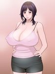  1girl blue_eyes blush breasts brown_hair cleavage curvy erect_nipples flying_tree_frog hands_on_hips highres huge_breasts milf open_mouth shorts skirt solo standing tank_top tanktop 
