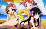  3girls accel_world beach bikini black_hair blush brown_eyes brown_hair clouds flowers kouzuki_yuniko kurashima_chiyuri kuro_yuki_hime long_hair red_eyes red_hair short_hair swimsuit water wink 