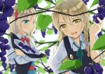  2girls alice_margatroid arm_up black_vest blonde_hair blue_dress blue_eyes blurry braid capelet commentary_request day depth_of_field dress food from_side fruit grape_vine grapes green_ribbon hairband hat hat_hug hat_removed headwear_removed holding holding_food holding_fruit holding_hat kirisame_marisa leaning_to_the_side long_hair long_sleeves looking_at_another looking_at_viewer multiple_girls neck_ribbon open_mouth outdoors ribbon sash shirt short_hair single_braid sleeves_pushed_up smile touhou tunokiti upper_body upper_teeth vest white_capelet white_shirt yellow_eyes 