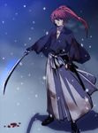  blood hakama highres himura_kenshin japanese_clothes long_hair male_focus ponytail purple_eyes red_hair rurouni_kenshin sandals scar sheath snow snowing solo sword tabi weapon yahako 