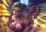  1girl aqua_hair artist_name bare_shoulders blurry blurry_background breasts brown_eyes choker cleavage collarbone dress elbow_gloves eyelashes eyeliner fairy_wings full_moon gloves hair_bun hair_ornament highres holding holding_staff light_particles looking_at_viewer makeup mechanical_wings medium_breasts mercy_(overwatch) moon night night_sky nose overwatch parted_lips pink_lips pointy_ears portrait purple_dress purple_gloves purple_ribbon rezoeline ribbon ribbon_choker signature sky sleeveless sleeveless_dress smile solo staff sugar_plum_fairy_mercy wings yellow_wings 