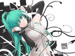  alternate_hairstyle elbow_gloves fingerless_gloves gloves green_eyes green_hair hatsune_miku head_tilt headphones long_hair nanaku_teiru one_eye_closed ponytail solo vocaloid 