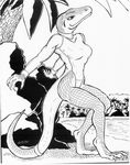  anthro beach big_breasts black_and_white breasts female greyscale komodo_dragon lizard monitor_lizard monochrome oscar_marcus palm_tree pinup pose reptile rock sand scalie sea seaside solo swimsuit talons water 