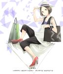  adjusting_clothes adjusting_hat bad_id bad_pixiv_id bag black_eyes black_hair black_pants brown_eyes brown_hair capri_pants character_name dated fashion from_side frown hands happy_birthday hat high_heels highres looking_at_viewer nocchi_(perfume) pants perfume red_footwear shoes shopping_bag short_hair sitting sleeveless solo wristband yoshito 