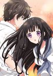  1girl :o black_hair brown_hair chitanda_eru green_eyes hyouka kurimomo long_hair oreki_houtarou purple_eyes school_uniform serafuku 