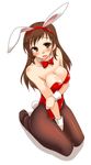  animal_ears bow bowtie breasts brown_eyes brown_hair bunny_ears bunny_tail bunnysuit cleavage detached_collar gokubuto_mayuge idolmaster idolmaster_cinderella_girls long_hair medium_breasts nitta_minami pantyhose solo tail wrist_cuffs 