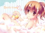  bad_id bad_pixiv_id bathing blush breasts brown_eyes highres looking_at_viewer medium_breasts muku_(apupop) nude open_mouth original ponytail rubber_duck short_hair soap solo water 