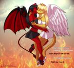  angel_wings angelina_onyx big_breasts black_hair blonde_hair blouse breast_squish breasts cat creamytea cuddling deity demon demon_on_angel demon_wings devil_tail duo english_text eyes_closed feline female flying french_kiss goddess hair kissing lesbian love mammal miniskirt natasha_onyx red_body sandals side_view simple_background skirt spade_tail subtitled succubus text wings yellow_body 