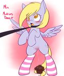  amber_eyes blonde_hair blush collar corrupteddiscipline cross-eyed cutie_mark derpy_hooves_(mlp) dripping english_text equine female feral food friendship_is_magic fur grey_fur hair hi_res horse leash mammal muffin my_little_pony open_mouth pegasus plain_background pony pussy pussy_juice red_background short_hair socks solo spread_wings standing text tongue white_background wing_boner wings yellow_eyes 