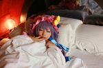  1girl asian bed blanket cosplay crescent dress female hat long_hair patchouli_knowledge photo pillow purple_hair solo tenshi_myu touhou 