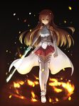  armor asuna_(sao) bad_id bad_pixiv_id bare_shoulders black_background boots braid brown_hair embers fire frown highres long_hair pleated_skirt skirt solo sword sword_art_online thigh_boots thighhighs tokumaro weapon 