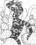  anthro big_breasts black_and_white black_scales breasts cactus desert female gila_monster grey_scales greyscale hands_above_head lizard monochrome oscar_marcus pinup pose reptile scale_pattern scalie side_view solo standing swimsuit talons white_scales 