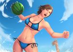  bikini blonde_hair blue_bikini blue_sky breasts brown_eyes brown_hair cleavage cleavage_cutout cloud day food fruit kazama_asuka large_breasts lili_(tekken) long_hair motion_blur multiple_girls navel outdoors short_hair side-tie_bikini sky striped striped_bikini striped_swimsuit swimsuit tekken underboob water watermelon zero_(dickzanzero2) 