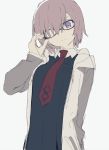  1girl closed_mouth fate/grand_order fate_(series) grey_background grey_jacket hair_over_one_eye head_tilt hirota_tsuu jacket long_sleeves looking_at_viewer mash_kyrielight necktie one_eye_covered open_clothes open_jacket pink_hair purple_eyes red_neckwear simple_background solo upper_body 