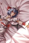 bat_wings blood fountain_pen fuuna_(conclusion) hat highres lying pen purple_hair red_eyes remilia_scarlet short_hair skirt skirt_set smile solo touhou wings wrist_cuffs 