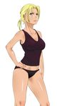  bad_id bad_pixiv_id black_panties blonde_hair blue_eyes breasts camisole cleavage groin hand_on_hip highres lips medium_breasts moku. navel nina_williams panties short_ponytail solo tekken thighs underwear underwear_only 