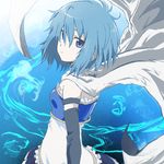  250en_remon abstract_background androgynous black_gloves blue_eyes blue_hair breastplate cape detached_sleeves elbow_gloves from_behind gloves looking_at_viewer looking_back magical_girl mahou_shoujo_madoka_magica messy_hair miki_sayaka short_hair solo 