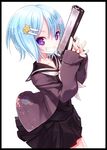  blue_hair border cardigan grin gun handgun holding kiira looking_at_viewer open_cardigan open_clothes original purple_eyes school_uniform serafuku short_hair simple_background smile solo weapon white_background 