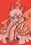  annoyed bad_id bad_pixiv_id bow fire flame fujiwara_no_mokou hair_bow long_hair red red_background sixxxx solo suspenders touhou 