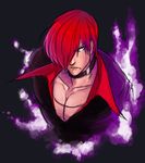  choker fire food_fighter_441 hair_over_one_eye male_focus pectorals purple_fire red_eyes red_hair solo the_king_of_fighters upper_body yagami_iori 