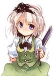  black_hairband blue_eyes blush bow bowtie dress_shirt food hairband holding knife konpaku_youmu looking_at_viewer nanaroku_(fortress76) pocky shirt short_hair silver_hair sketch skirt solo sweatdrop sword touhou vest weapon 