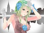  1hayu bad_id bad_pixiv_id blue_flower blue_rose breasts building cityscape cleavage flower gloves green_eyes green_hair gumi hair_flower hair_ornament medium_breasts reflection rose short_hair silhouette sleeveless solo vocaloid 