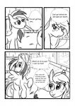  applejack_(mlp) barn black_and_white comic cutie_mark dialog dialogue english_text equine female feral freckles friendship_is_magic horse kyokimute mammal monochrome my_little_pony pegasus plain_background pony rainbow_dash_(mlp) text white_background wings 