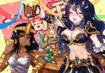  alcohol armlet armor ashe_(league_of_legends) beer black_hair blonde_hair blush bottle breasts brown_eyes bustier cleavage closed_eyes confetti drunk green_eyes hood kami2011 large_breasts league_of_legends long_hair midriff multiple_girls muse_sona navel nidalee open_mouth pharaoh_nidalee short_hair sivir sona_buvelle table 
